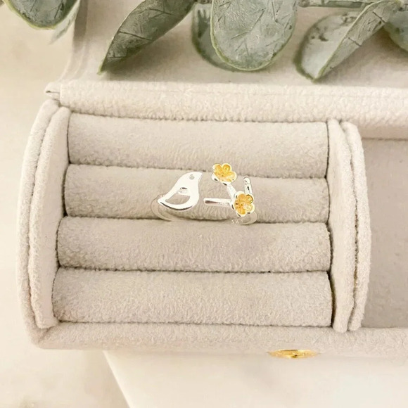 925 Sterling Silver & Gold Two Tone Ring Bird & Flower Minimalist Stackable Ring - Picture 5 of 7